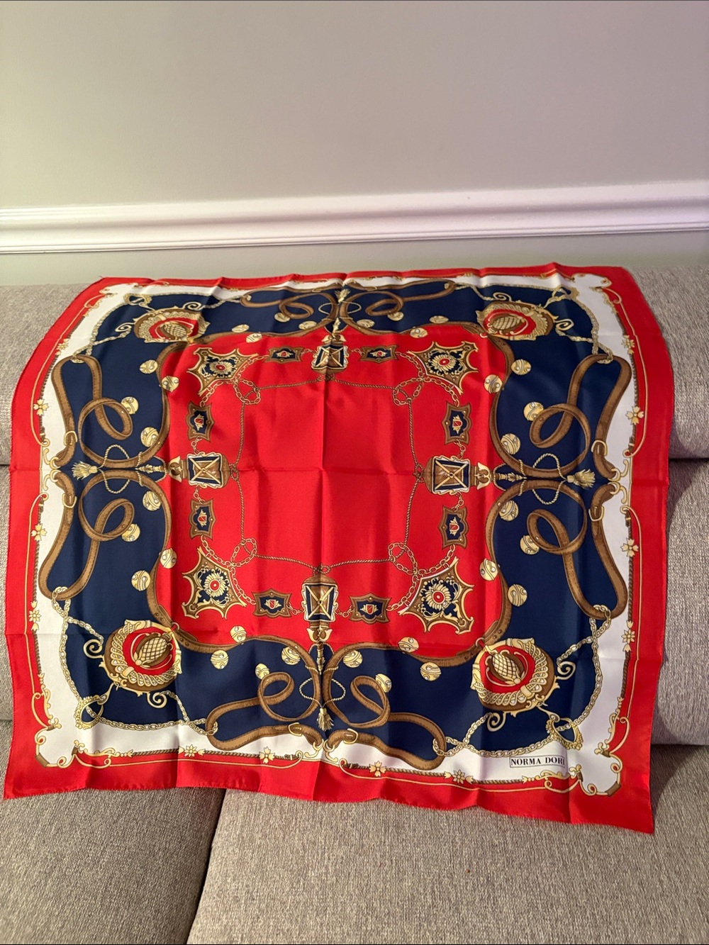 Women’s Red and Navy Silk Scarf with Gold Chain Print